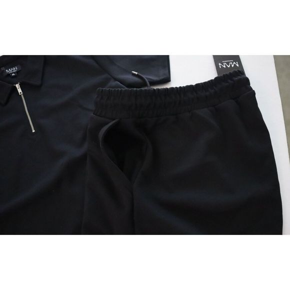 boohooMAN BMM12776 Men Sz XL Black Muscle Fit 1/4 Zip Polo & Joggers 2 Pc ￼Set - Picture 5 of 16